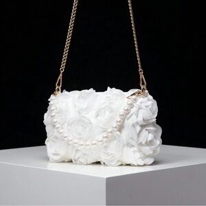 Elegant Rose Flower Print Crossbody Bag, Faux Pearl Handle Handbag